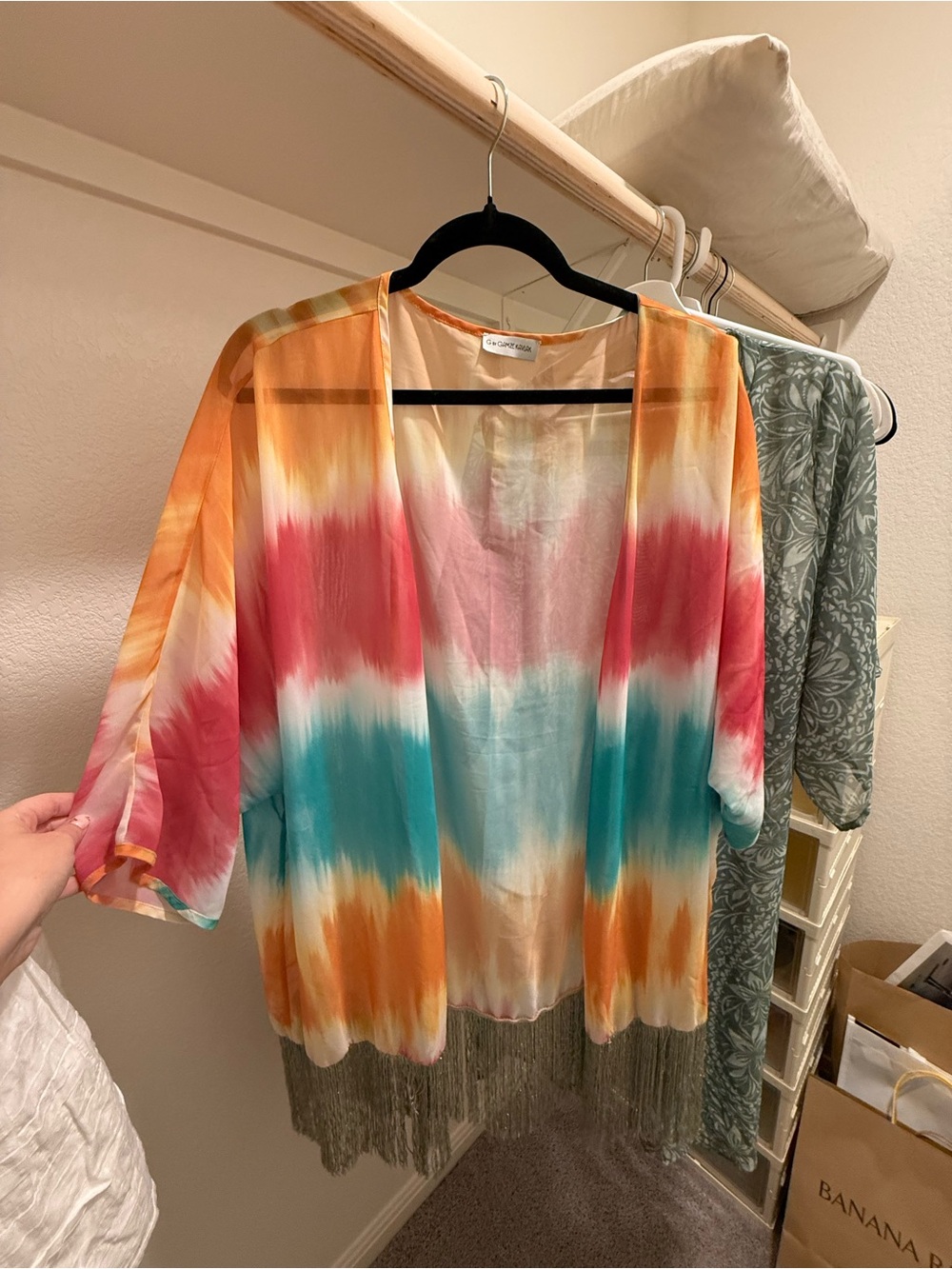 Vintage Multicolor Tie-Dye Fringe Kimono - Coral, Teal, Orange, Cream